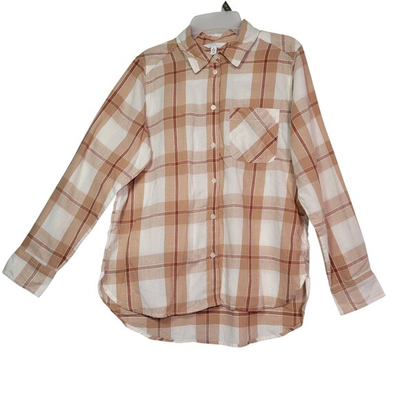 Time & Tru Women's Plaid Button-Up Long Sleeve Shirt Beige Size Small (4-6) - Picture 1 of 11